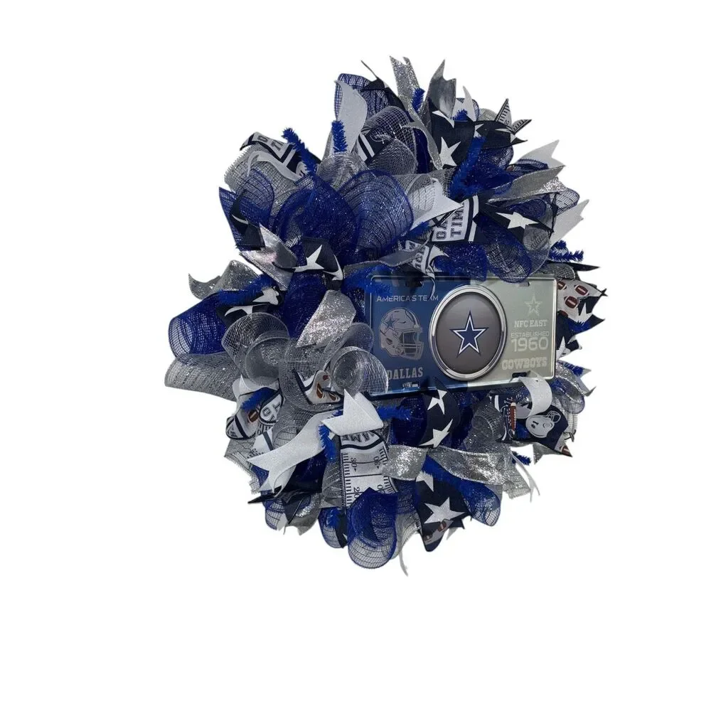 Premium Dallas Cowboys Wreath | Blue Silver Mesh Door Decor | NFC East 1960 Sign